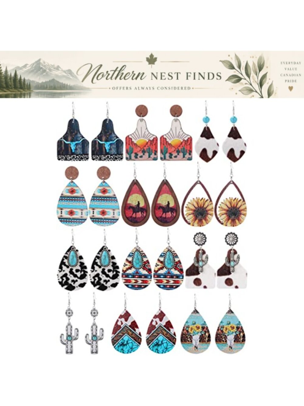 12 Pairs Western Earrings Set Boho Cowgirl Turquoise Print Leather Wood Dangle